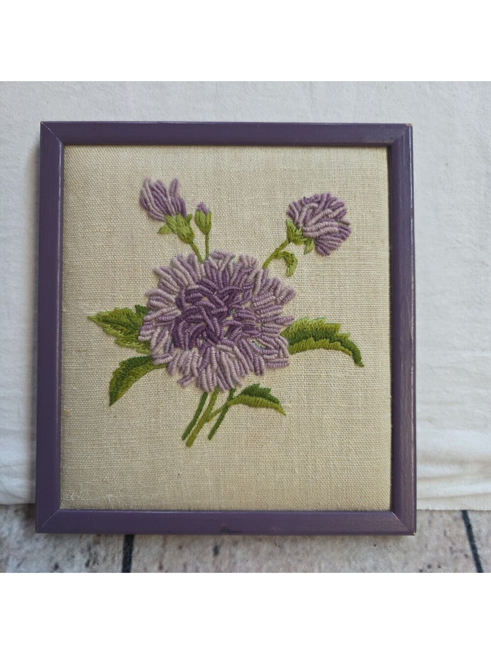 Framed Vintage Flower Needlepoint Embroidered Purple 8x8